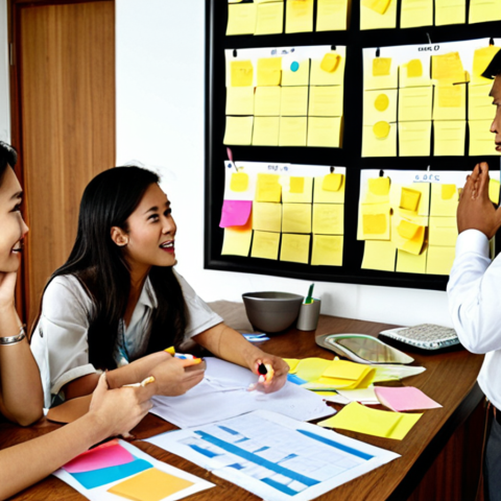 **

Prompt: A diverse team of Thai professionals collaboratively brainstorming around a table, filled with sticky notes and diagrams. Focus on positive expressions, open communication, and a sense of shared ownership of the change process. Background includes modern Thai office decor.

**