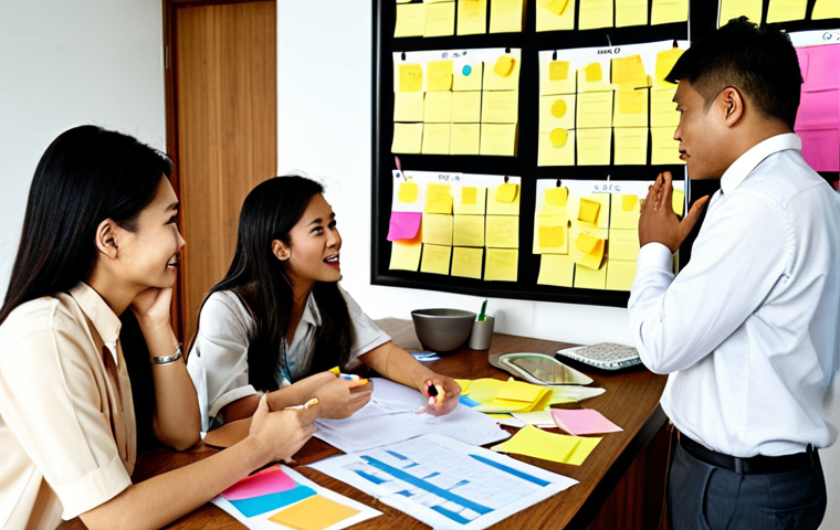**

Prompt: A diverse team of Thai professionals collaboratively brainstorming around a table, filled with sticky notes and diagrams. Focus on positive expressions, open communication, and a sense of shared ownership of the change process. Background includes modern Thai office decor.

**