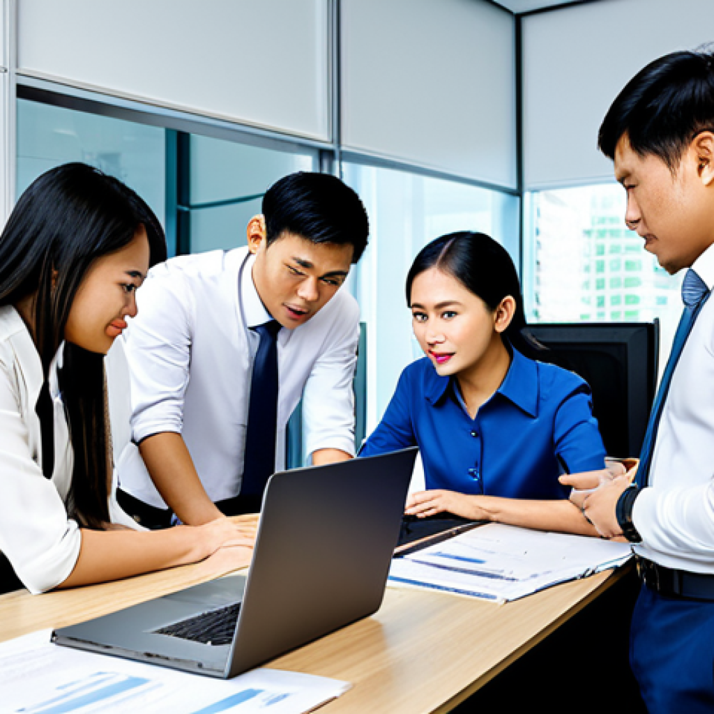 **

"A team of Thai professionals in a modern office setting, collaborating around a table with laptops and documents, fully clothed, appropriate attire, safe for work, perfect anatomy, natural proportions, professional, family-friendly, depicting teamwork and shared vision."

**