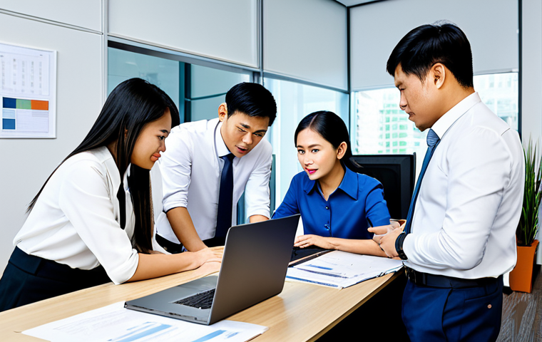 **

"A team of Thai professionals in a modern office setting, collaborating around a table with laptops and documents, fully clothed, appropriate attire, safe for work, perfect anatomy, natural proportions, professional, family-friendly, depicting teamwork and shared vision."

**