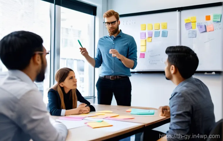 셀프 매니지드 팀의 성과 기반 리더십 모델 - **Prompt:** A self-managed team of five, diverse in age and gender, is intensely focused on analyzin...