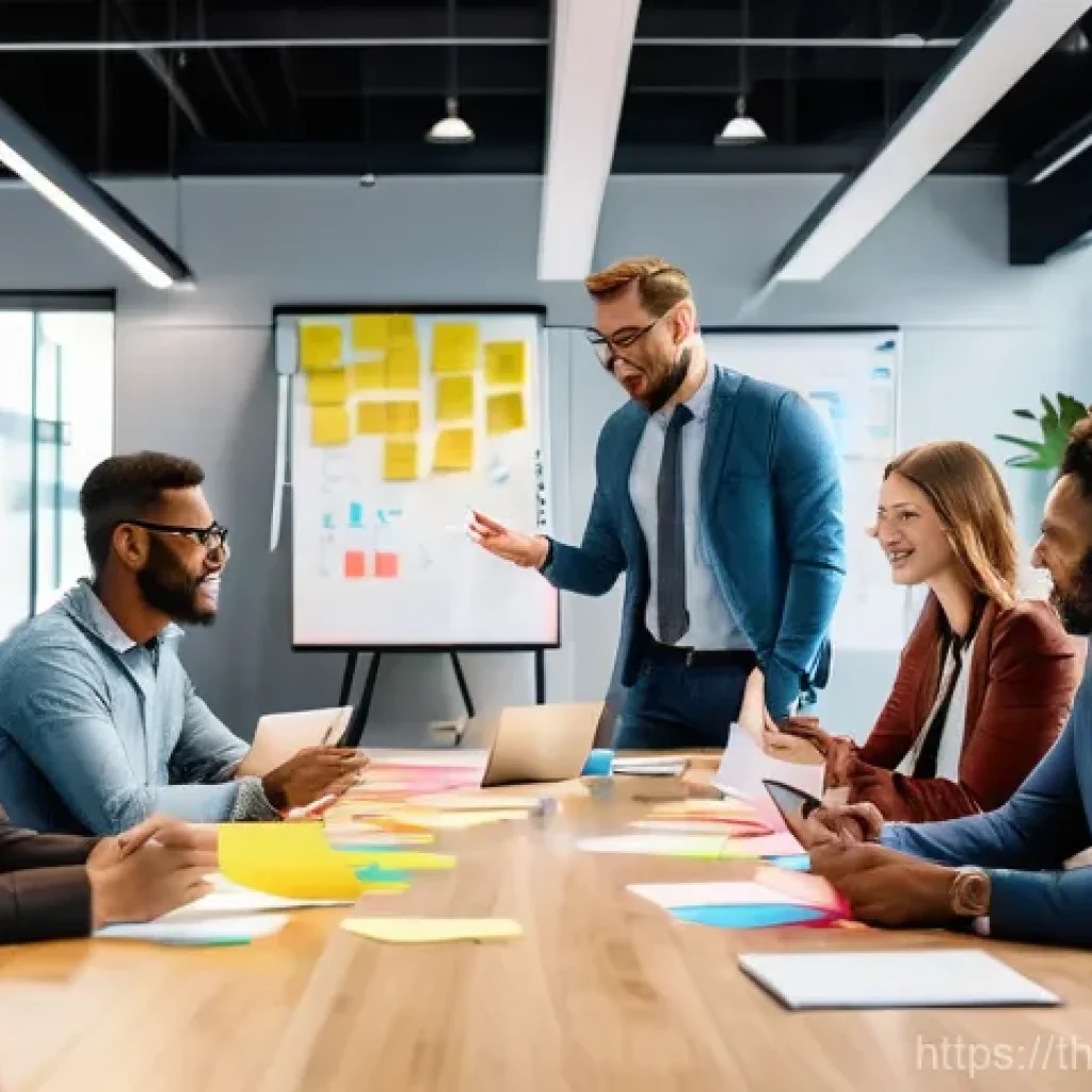 셀프 매니지드 팀의 업무 흐름 최적화 방법 - A vibrant, diverse team of young and middle-aged professionals is actively engaged in a dynamic brai...