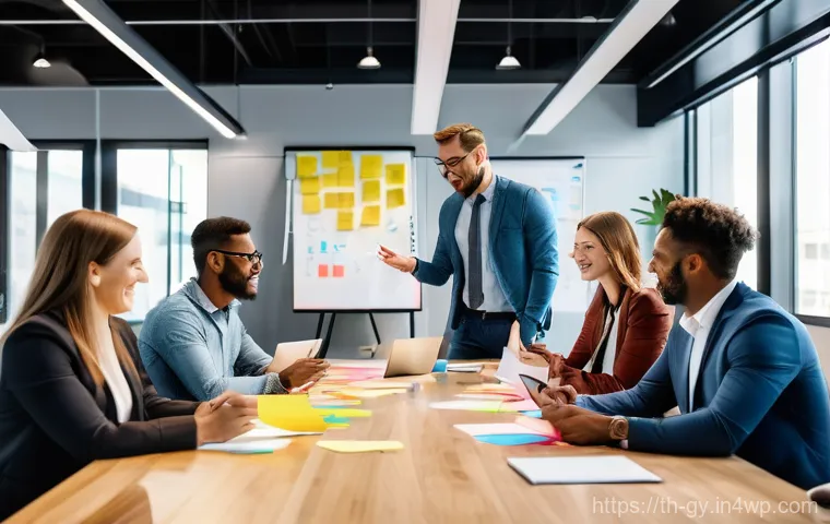 셀프 매니지드 팀의 업무 흐름 최적화 방법 - A vibrant, diverse team of young and middle-aged professionals is actively engaged in a dynamic brai...