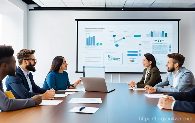 셀프 매니지드 팀의 전략적 의사결정 방법 - **Prompt:** A focused and professional team of 4-6 individuals, encompassing various ages and ethnic...
