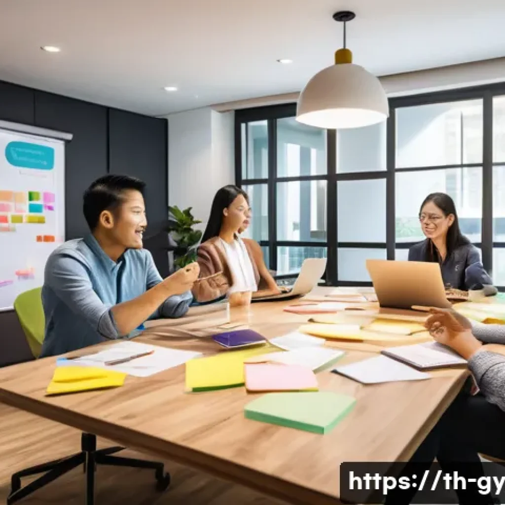 셀프 매니지드 팀의 의사소통 방식 - A diverse group of Thai professionals in a modern coworking space, clearly engaged in a team meeting...