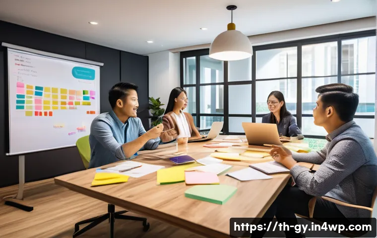 셀프 매니지드 팀의 의사소통 방식 - A diverse group of Thai professionals in a modern coworking space, clearly engaged in a team meeting...