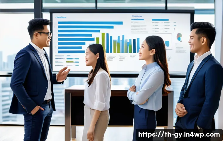 셀프 매니지드 팀의 비전 공유의 중요성 - A diverse team of Thai professionals in a modern office setting collaboratively discussing a clear, ...