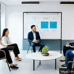 셀프 매니지드 팀에서의 직무 스트레스 관리 - A diverse office team sitting in a bright, modern meeting room engaged in an open and supportive dis...