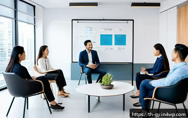 셀프 매니지드 팀에서의 직무 스트레스 관리 - A diverse office team sitting in a bright, modern meeting room engaged in an open and supportive dis...