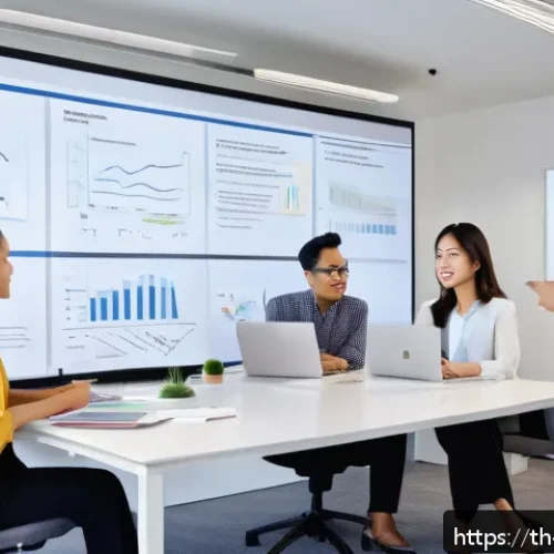 셀프 매니지드 팀의 다각적 성과 평가 - A diverse group of Thai professionals in a modern office setting, collaboratively discussing balance...