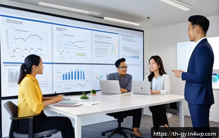 셀프 매니지드 팀의 다각적 성과 평가 - A diverse group of Thai professionals in a modern office setting, collaboratively discussing balance...
