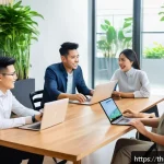 셀프 매니지드 팀의 최적의 조직 구조 제안 - A diverse team of young Thai professionals collaborating in a modern open-plan office, sitting aroun...