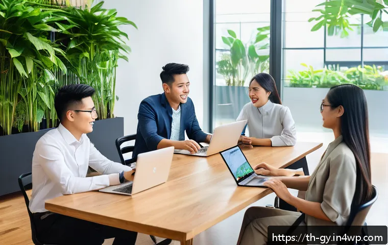 셀프 매니지드 팀의 최적의 조직 구조 제안 - A diverse team of young Thai professionals collaborating in a modern open-plan office, sitting aroun...