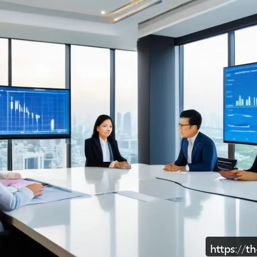 셀프 매니지드 팀의 데이터 기반 의사결정 - A modern Thai office team gathered around a large conference table, reviewing real-time sales data d...