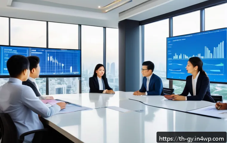 셀프 매니지드 팀의 데이터 기반 의사결정 - A modern Thai office team gathered around a large conference table, reviewing real-time sales data d...