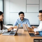 셀프 매니지드 팀을 위한 실용 가이드 - A modern, diverse office team engaged in an open and transparent meeting around a large table, with ...