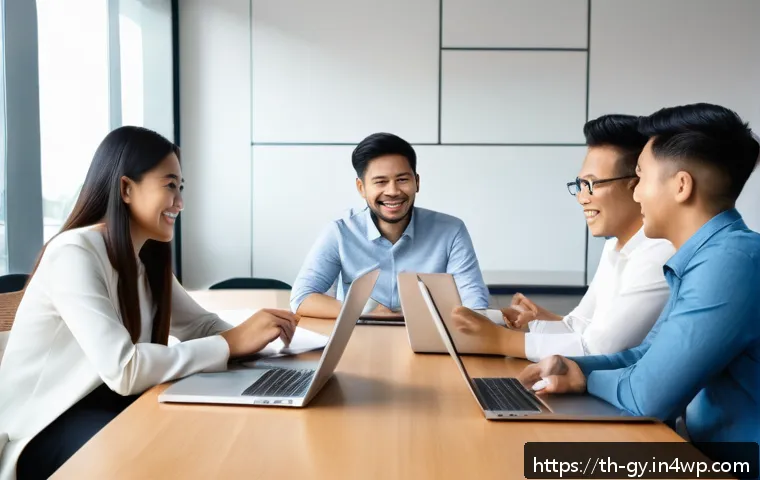 셀프 매니지드 팀을 위한 실용 가이드 - A modern, diverse office team engaged in an open and transparent meeting around a large table, with ...