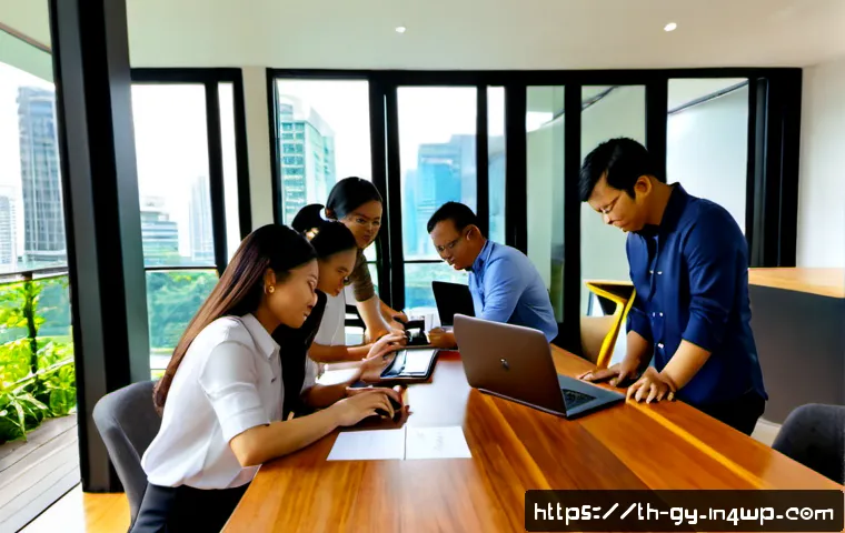 Home 17 셀프 매니지드 팀의 가치 창출 방법 - Photorealistic Thai self-managed team of diverse office professionals collaborating around a bright ...