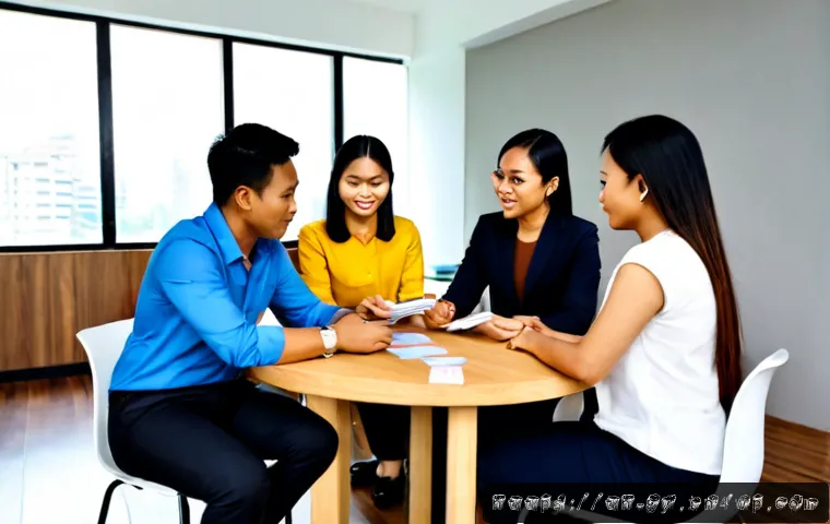Home 17 셀프 매니지드 팀의 팀워크 강화를 위한 방법 - Photorealistic Thai self-managed workplace team of five diverse adult colleagues in smart casual att...